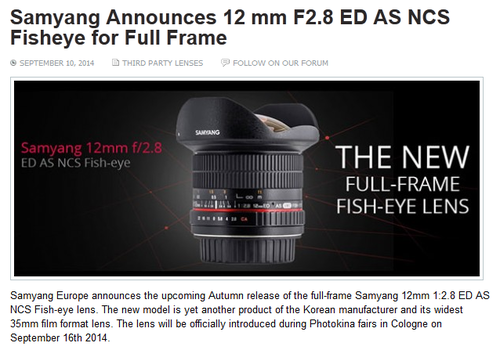 三陽新型12mm魚眼鏡頭將亮相photokina